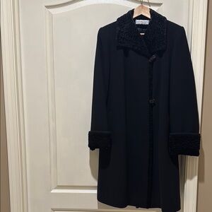 Black Women's Coat with Faux Fur Trim